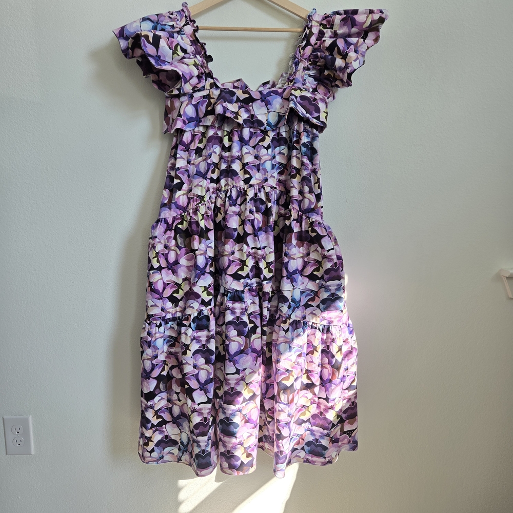 Kika Vargas Purple Floral Print Cicely Ruffle Midi Dress Oversized XS